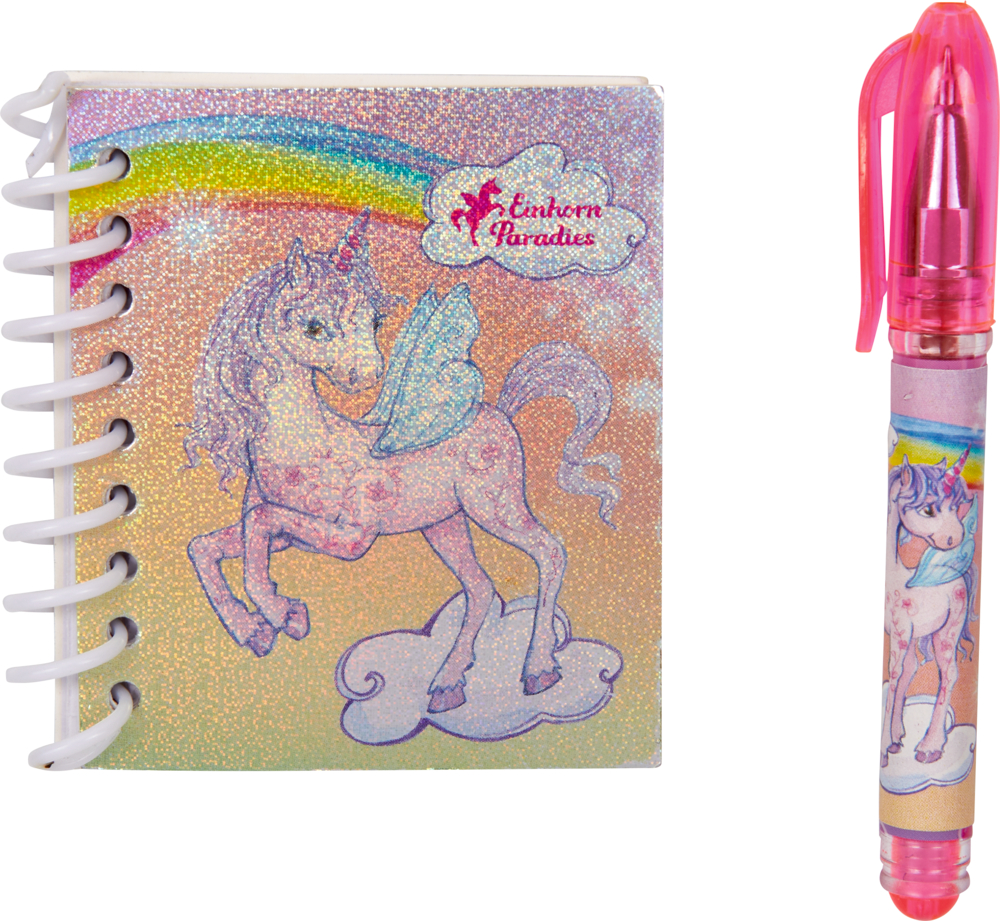 Glitzerndes Einhorn-Notizbuch mit Regenbogen und passendem rosa Stift mit Einhorn-Design.