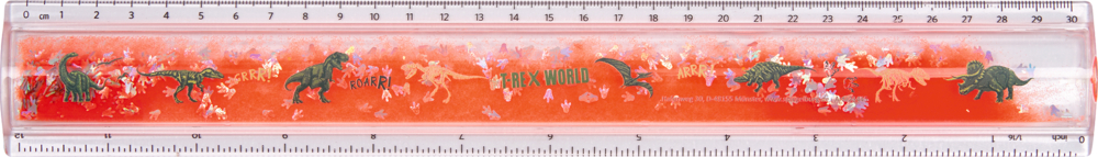 Klarsichtlineal mit orangefarbenem Glitzer und Dinosauriermotiven, Skala in Zentimetern und Zoll.