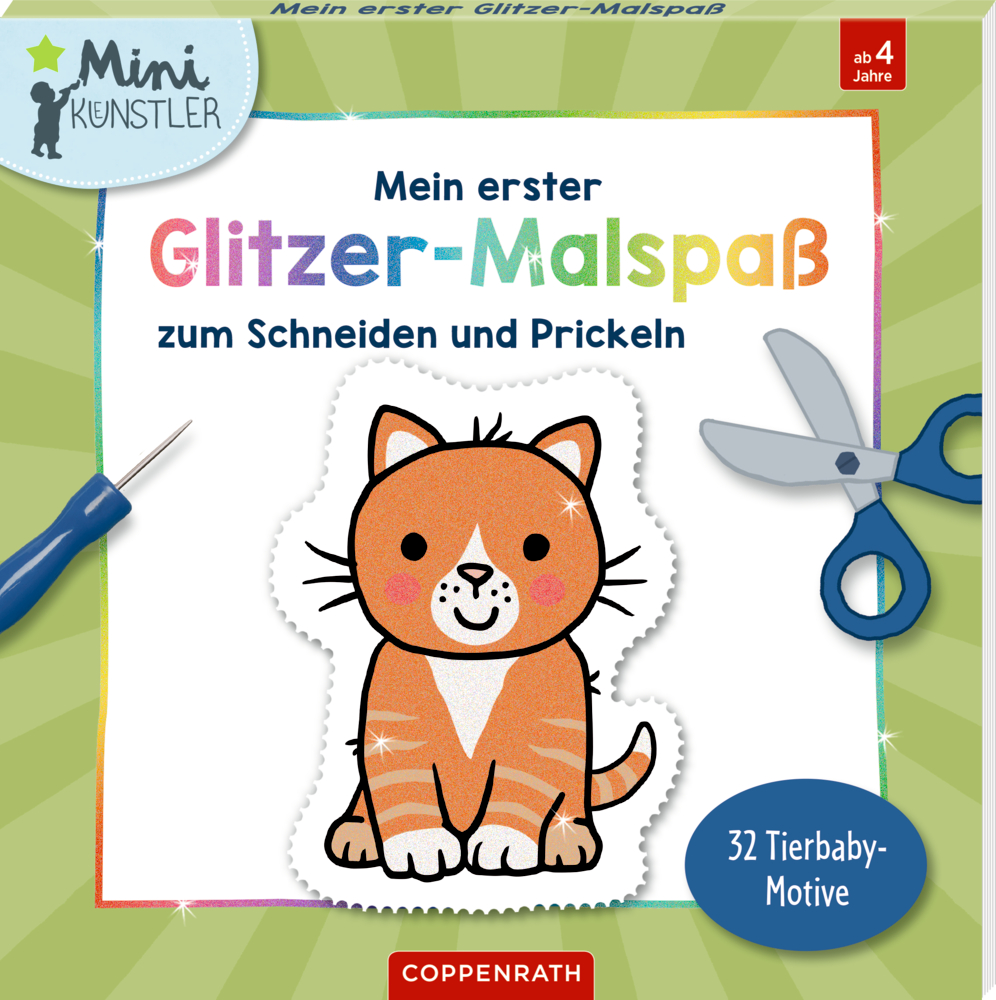 Eine orangefarbene, lachende Katze, eine Schere und eine Prickelnadel sind auf dem Buchcover abgebildet.