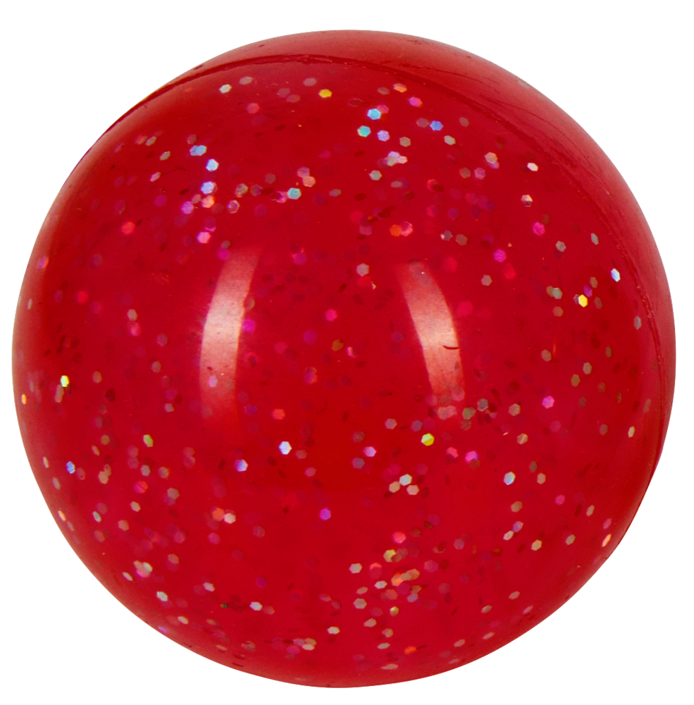 Roter Flummi mit glänzendem, buntem Glitzer.