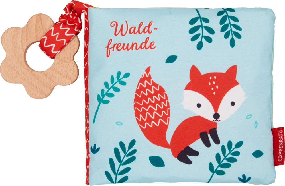 Weiches Babybuch trägt den Titel "Waldfreunde" mit einem roten Fuchs, Blattmotiven und einem befestigten hölzernen Beißring in Blumenform.