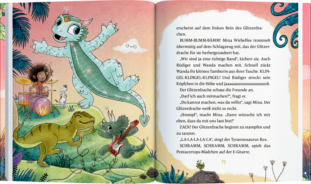 Buchinnenabbildung mit grünem, tanzendem Drachen und einem Mädchen, das Schlagzeug spielt. Ein gelber Dino singt und ein kleiner Dino spielt E-Gitarre.