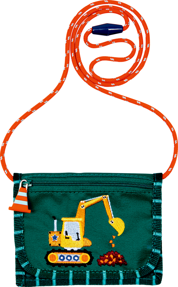 Grüne Kindertasche mit gelbem Bagger-Motiv, orangefarbenem Gurt und Verkehrshütchen-Anhänger.