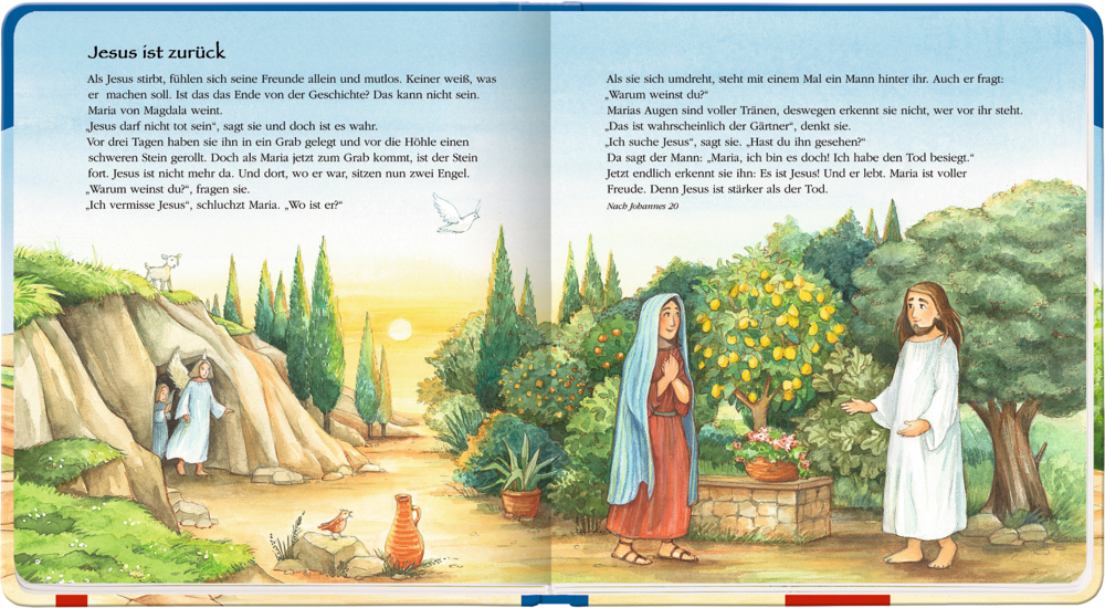 Arche Noah an Land mit Tieren, Regenbogen und Text rechts.