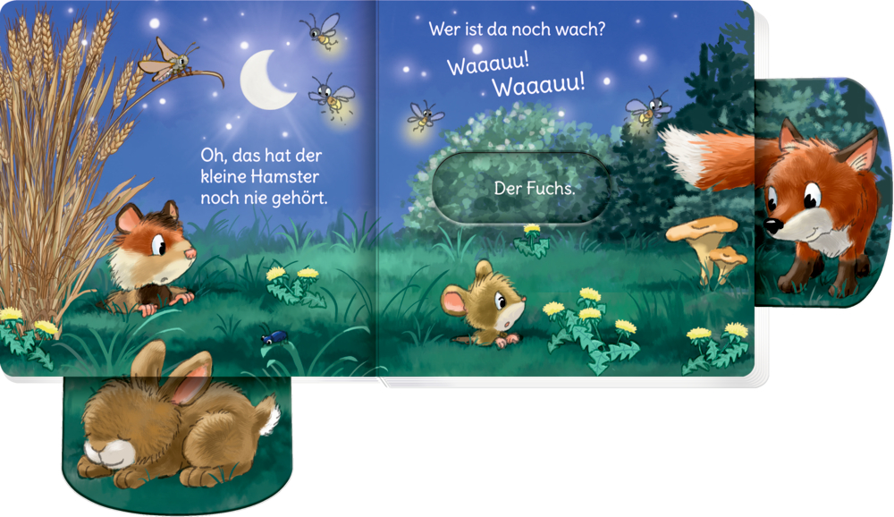 Buchseite mit herausgezogenen Schiebern und Illustrationen von Tieren  und Mond in nächtlicher Wiese.