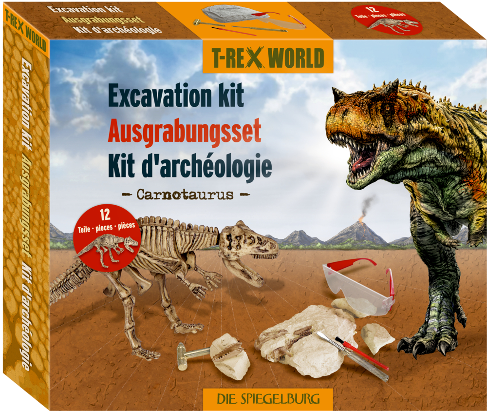 Ausgrabungsset mit Carnotaurus-Skelett, Spielzeugwerkzeugen und T-Rex-Illustration im Hintergrund.