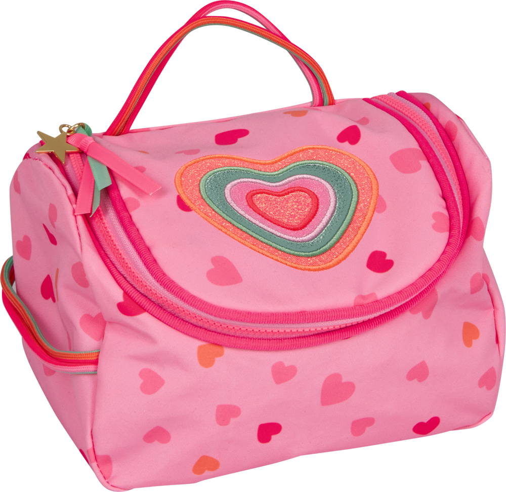 Rosa Kulturtasche mit Herzmuster, Reißverschluss, Henkel und gesticktem glitzerden mehrfarbigem Herzmotiv auf der Vorderseite.