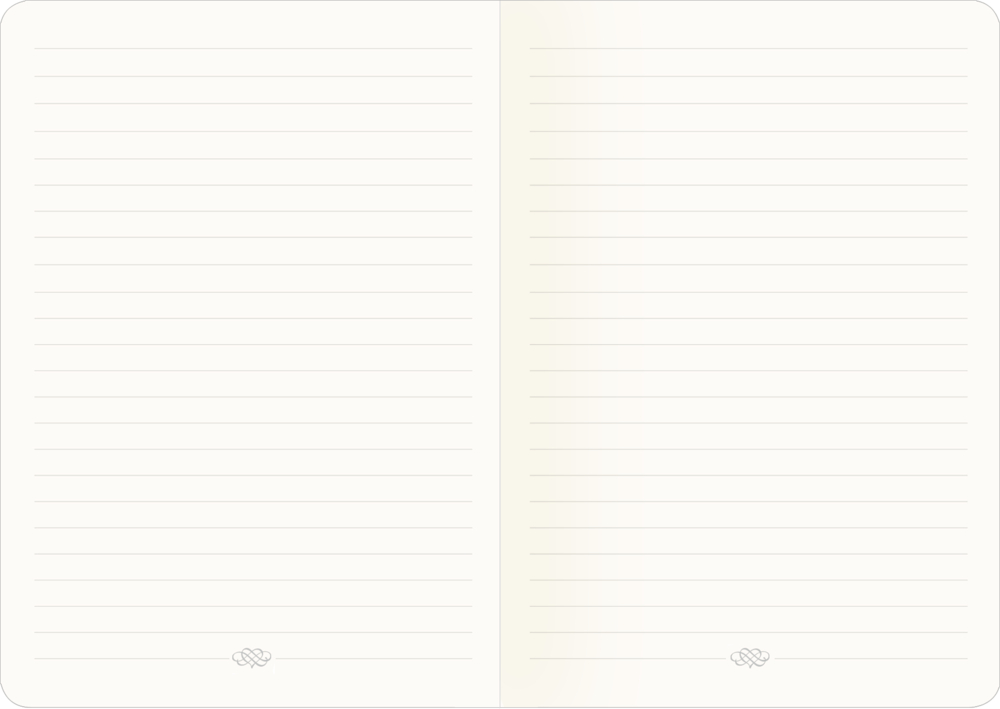 Offenes, leeres, liniertes Notizbuch mit schwachen Linien und einfachen Ziersymbolen am unteren Rand jeder Seite.