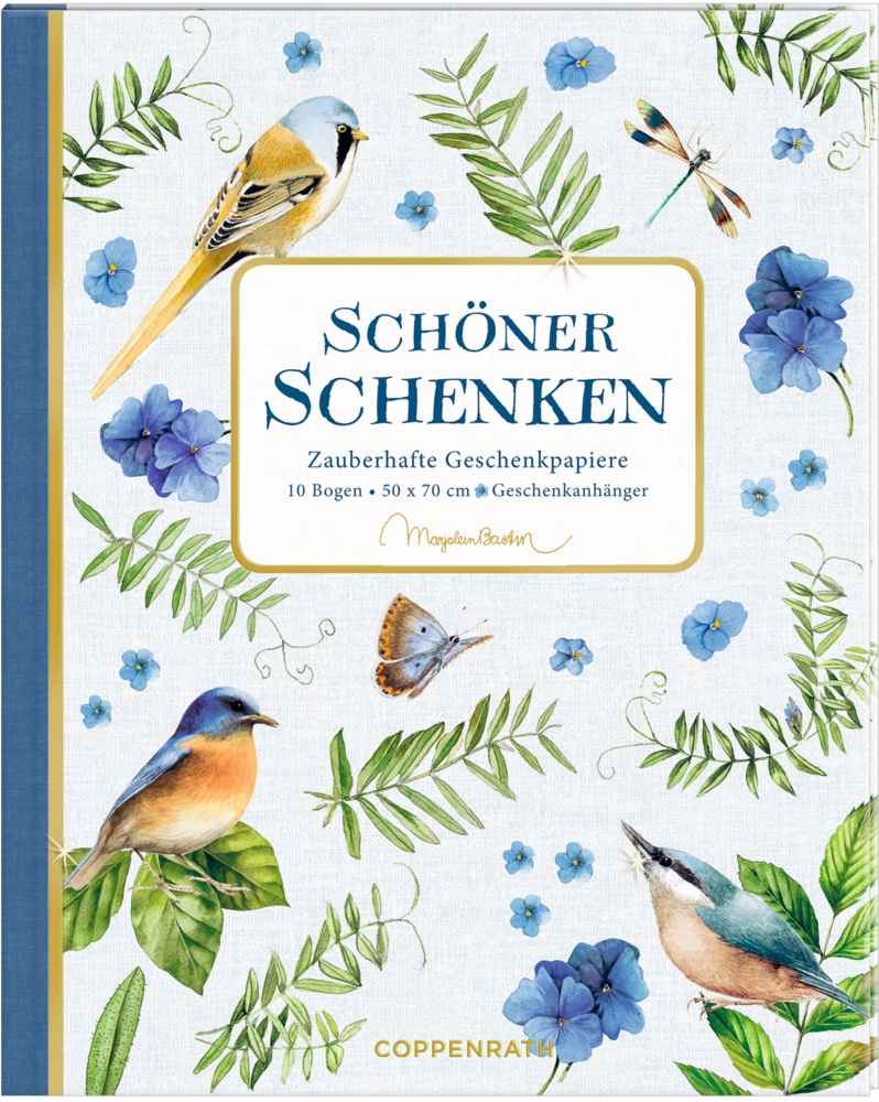 Cover mit Vögeln, blauen Blumen, Grünpflanzen; Titel: „Schöner Schenken“ mit dekorativem Design.