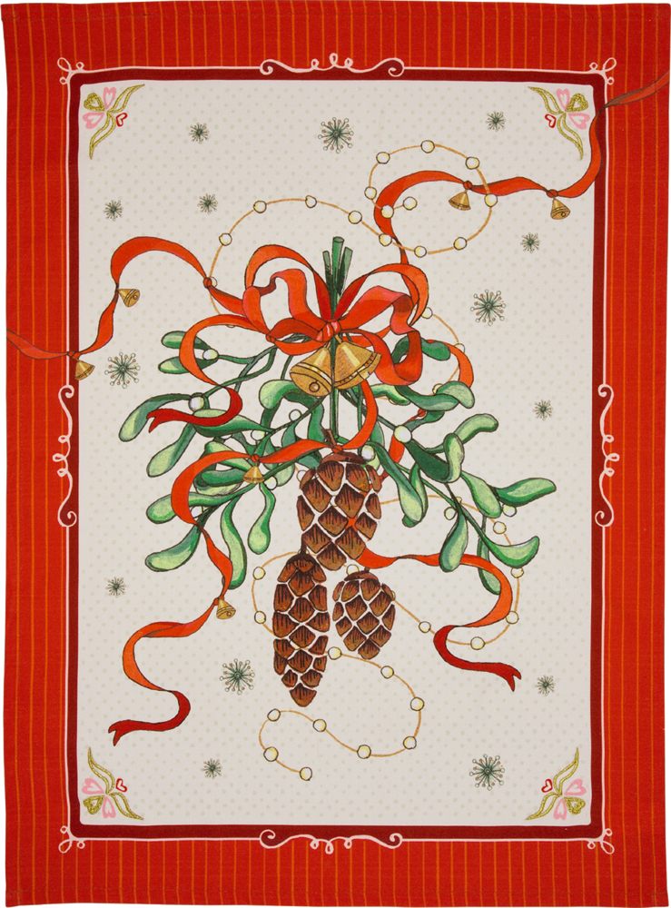 Geschirrtuch mit rotem Rand und Weihnachtsmotiv aus Mistelzweigen, Zapfen, roten Bändern, goldenen Glöckchen und kleinen Sternen auf cremefarbenem Hintergrund.