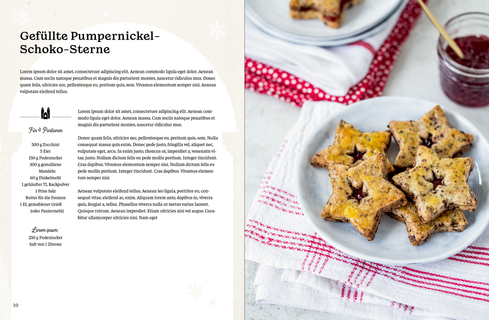 Sternförmige Marmeladenkekse auf einem Teller, daneben ein Glas Marmelade und eine rot-weiß gestreifte Serviette.