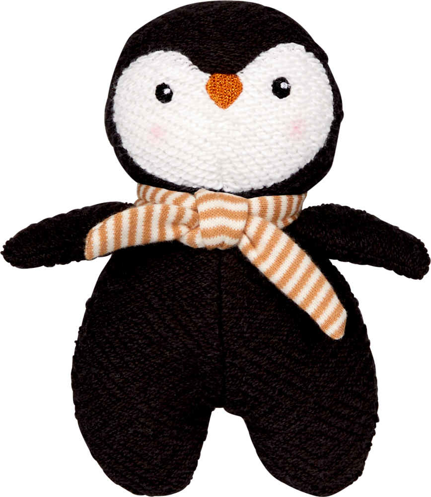 Plüschpinguin mit schwarzem Körper, weißem Gesicht und braun-weiß gestreiftem Schal.