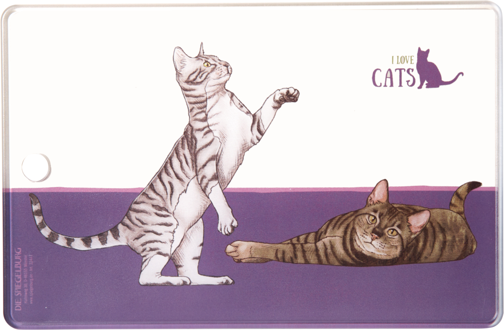 Schneidebrett mit Zeichnungen zweier gestreifter Katzen auf lila Fläche und Aufschrift „I love cats“.