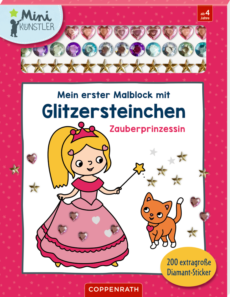 Malblock mit gezeichneter Prinzessin in rosa Kleid, orangefarbener Katze, Glitzersteinen und Sternstickern auf pinkem Hintergrund.
