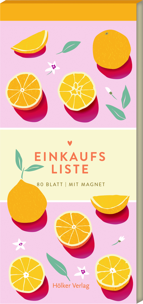 Farbenfrohe Einkaufsliste mit Orangenscheiben, weißen Blumen und deutschem Text auf rosa Hintergrund.