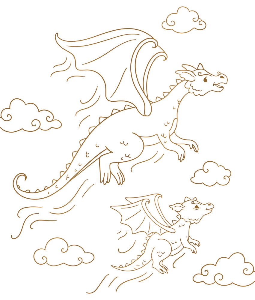 Zwei Drachen fliegen zwischen Wolken, einer groß, einer klein, mit einfachen Umrisslinien gezeichnet.