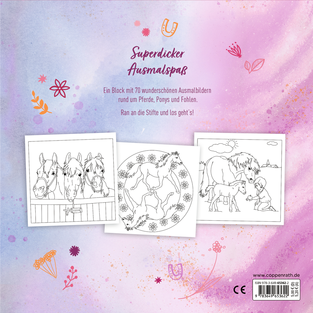 Rückseite eines Malbuchs mit drei Ausmalmotiven von Pferden, Ponys und Fohlen auf einem rosa-lila Hintergrund mit dekorativen Elementen.