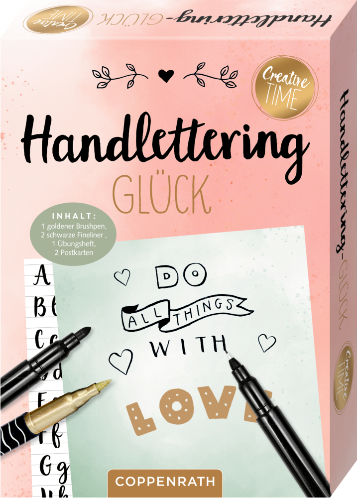 Handlettering-Glück-Set: Rosa Verpackung mit Abbildung von drei Stiften und einer Postkarte mit dem dekorativen Schriftzug „Do all things with love“.