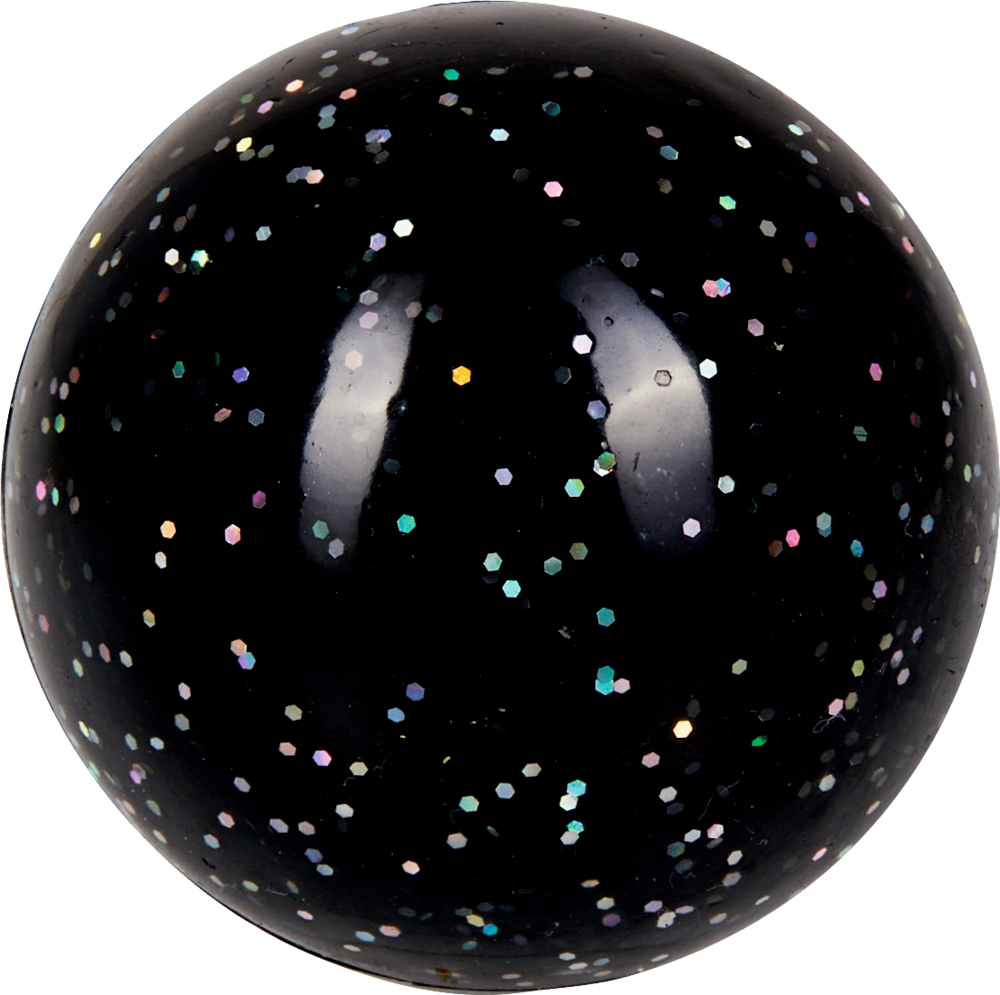 Ein schwarzer Ball mit bunten Glitzerpunkten.
