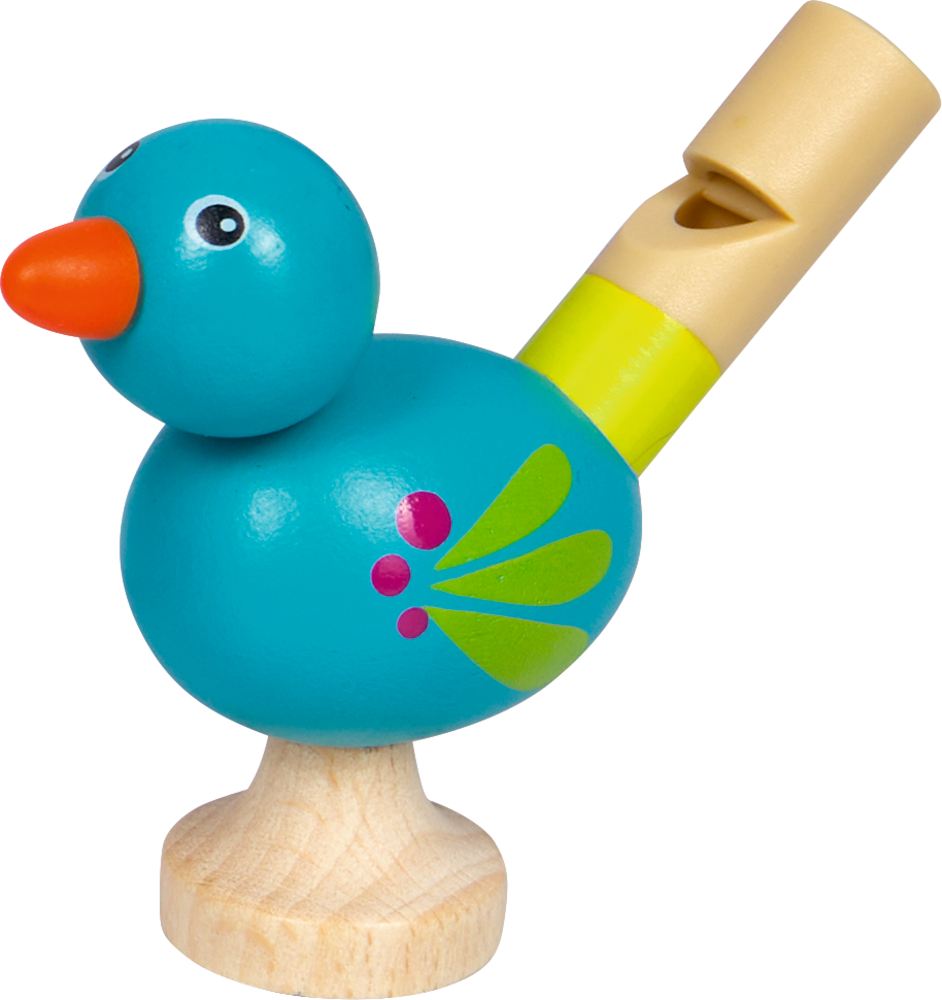 Blaue Holzpfeife in Vogelform mit orangem Schnabel, beige-gelbem Schwanzaufsatz und buntem Flügelmuster auf Holzsockel.