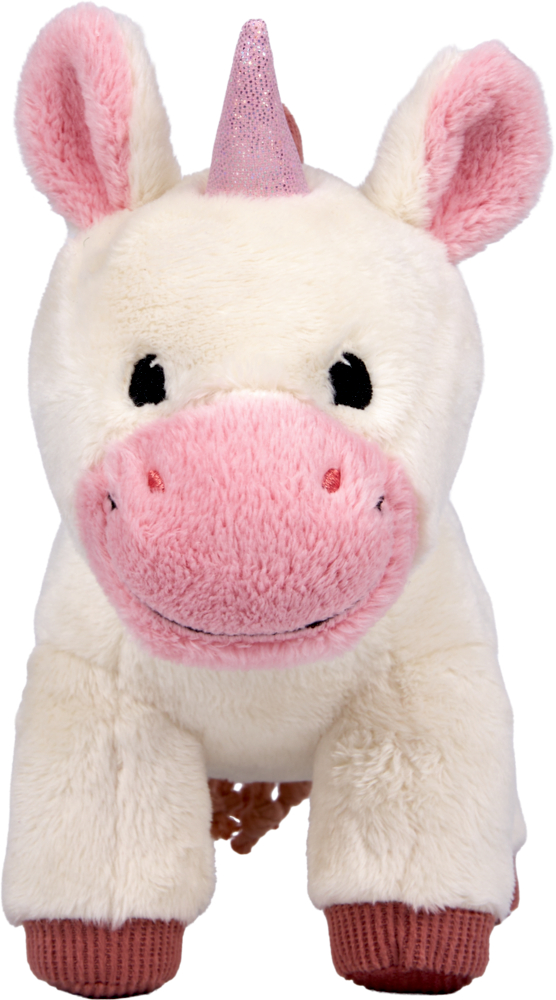 Weißes Plüschtier-Einhorn mit rosa Horn, rosa Ohreninnenseiten, rosa Nase und abgesetzten Hufen.