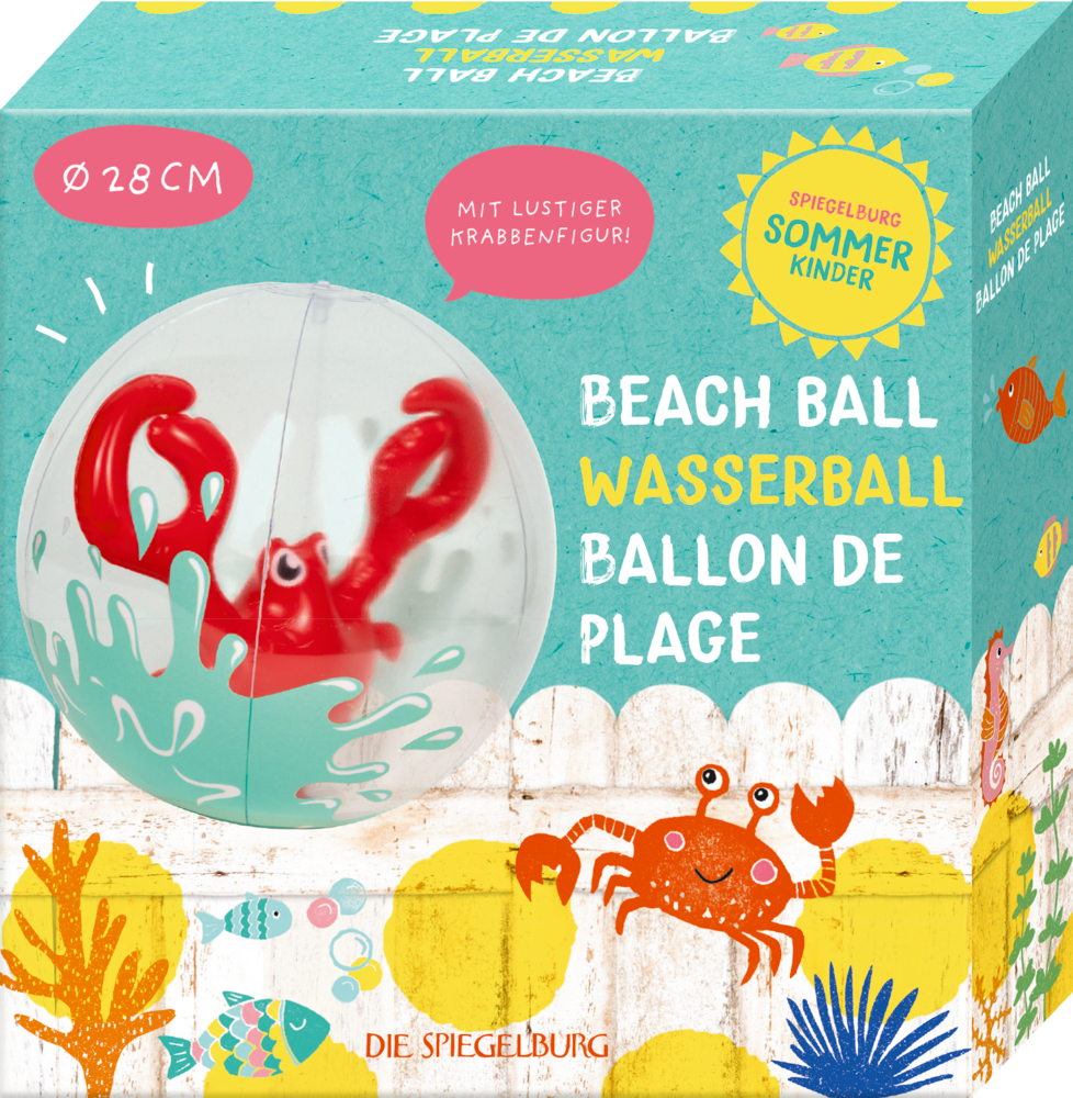 Wasserball mit roter Krabbe darin, verpackt in einer farbenfrohen Schachtel mit Sommermotiv.