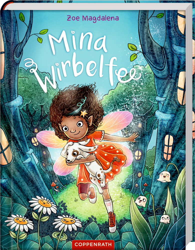 Ein Feenmädchen mit Flügeln und ihr Hund rennen durch einen magischen Wald aus Blumen und leuchtenden Häusern im Hintergrund, auf dem Cover von "Mina Wirbelfee".
