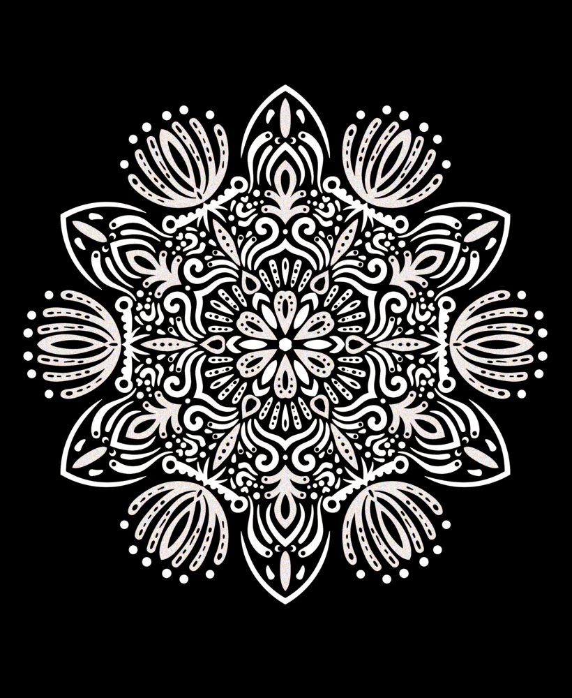Weißes Mandala mit floralen, symmetrischen Designs auf schwarzem Hintergrund. Detailreiches und dekoratives Muster.