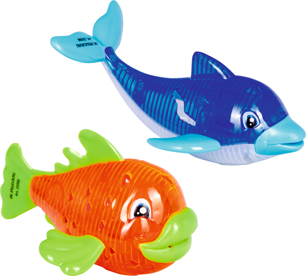 Blauer Plastik-Delfin und orangefarbener Plastik-Fisch mit grünen Flossen, beide haben cartoonartige Gesichter.