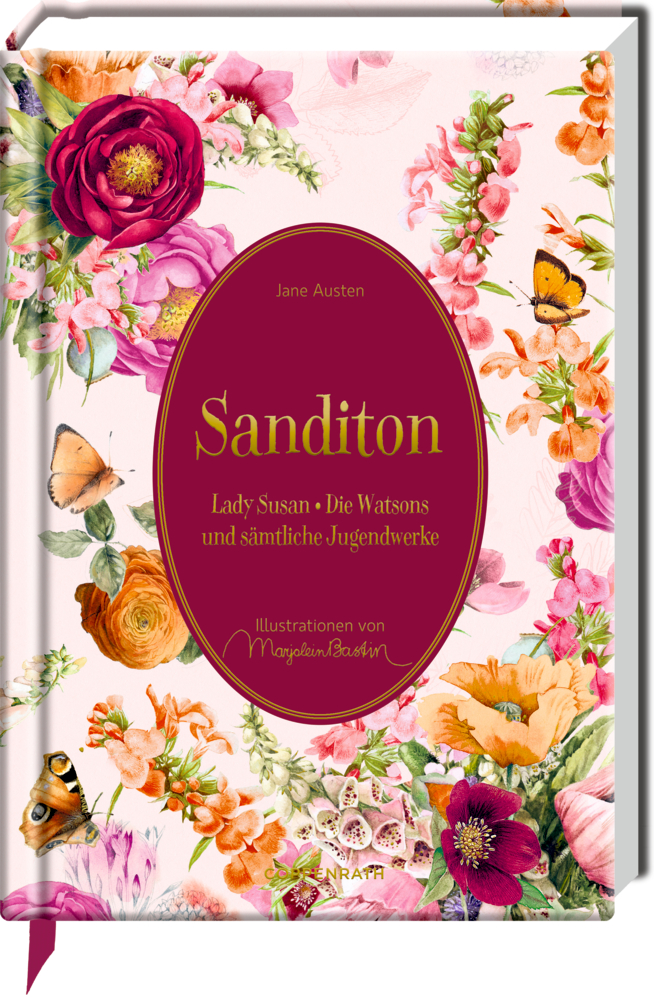 Blumencover für „Sanditon“ von Jane Austen mit Schmetterlingen und Blumen, die einen roten ovalen Titel umgeben.