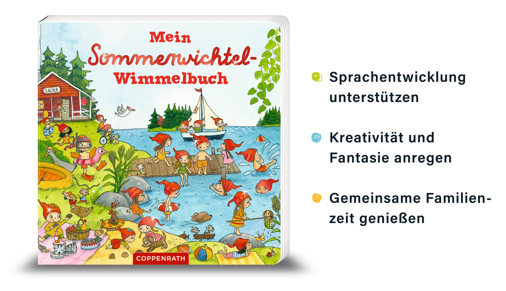 Lebendiges Kinderbuchcover mit einer lebhaften Sommerszene am Seeufer, verspielten Figuren und neben dem Buch werden Vortelie aufgelistet.
