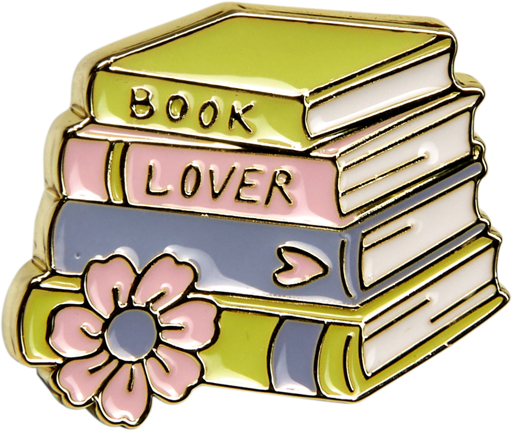 Vier bunte Bücher gestapelt, auf den Buchrücken steht "BOOK LOVER". Daneben eine pinke Blume.
