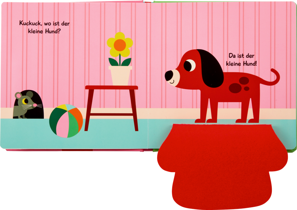 Roter Hund, Maus, Ball, Blumentopf und  Text auf rosa gestreiftem Hintergrund, einer Innenansicht.