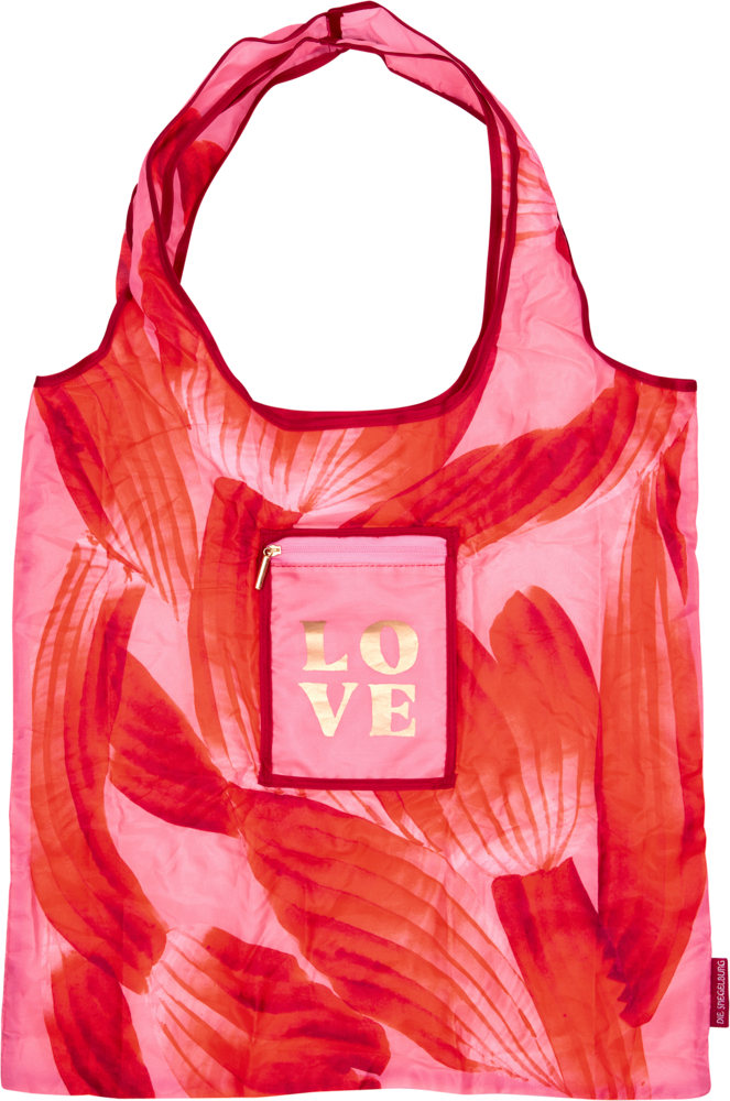Rosa Tragetasche mit roten Blattmustern und kleiner Fronttasche mit goldener Aufschrift „LOVE“.