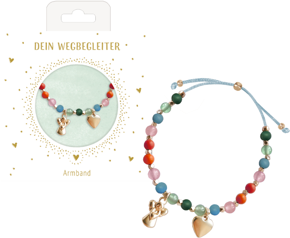 Perlenarmband mit goldenen Engel- und Herzanhängern, präsentiert in einer dekorativen Verpackung.