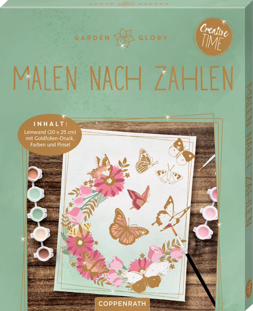 Ein Malen-nach-Zahlen-Set mit Blumen und Schmetterling, Farbtöpfen und Pinsel auf türkisfarbenem Hintergrund.