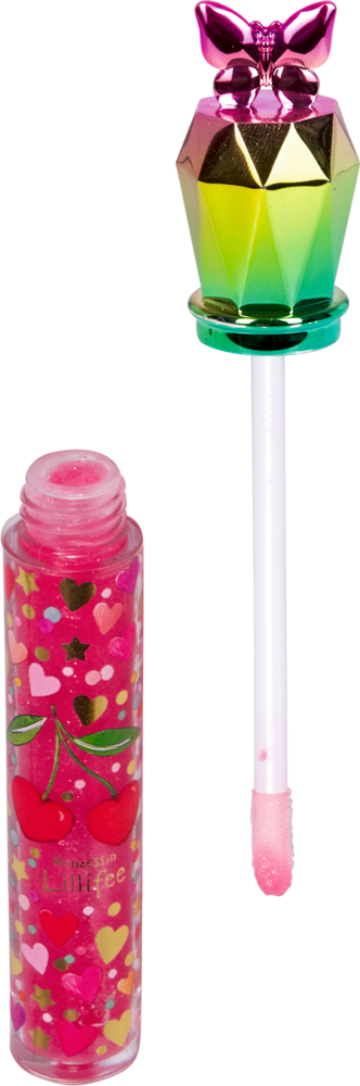Pinker Lipgloss in transparenter Tube mit bunten Kirschmotiven und rosafarbenem Applikator mit glänzendem Schmetterlingsdeckel.