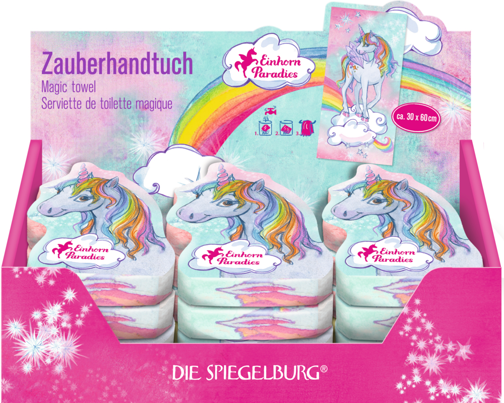 Pinkes Papp-Display mit kleinen Einhorn-Päckchen und der Aufschrift Zauberhandtuch.