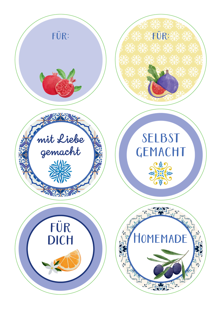 Sechs runde Küchenetiketten mit deutschem Text und Obstillustrationen in Blau, Gelb und Weiß.