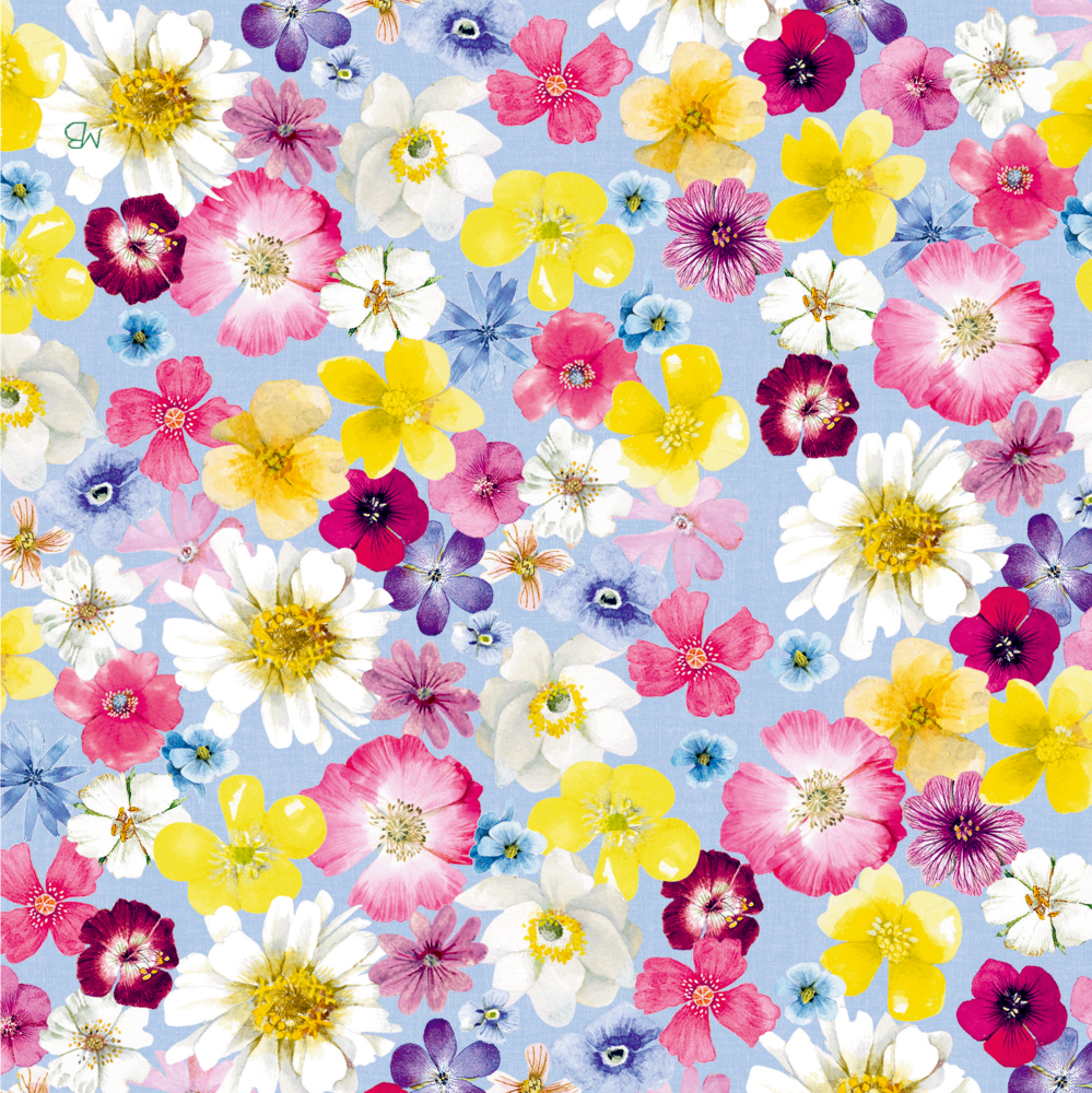 Servietten gefaltet: Mehrfarbige Blumen in Gelb, Rosa, Lila und Weiß vor hellblauem Hintergrund.