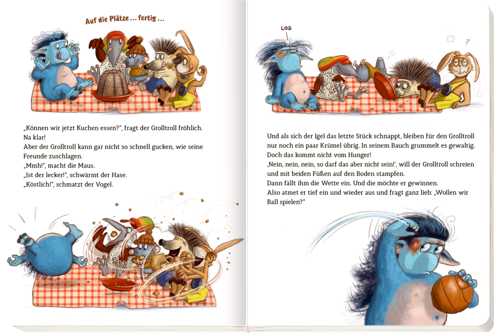 Mehrere Tiere und der Grolltroll essen Kuchen; Später schlägt der Grolltroll Ballspiele vor.