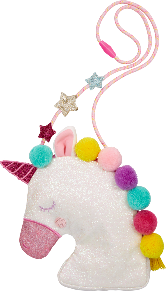 Plüschhandtasche in Einhornkopfform mit bunten Pompons, Sternakzenten und einem rosa Riemen.