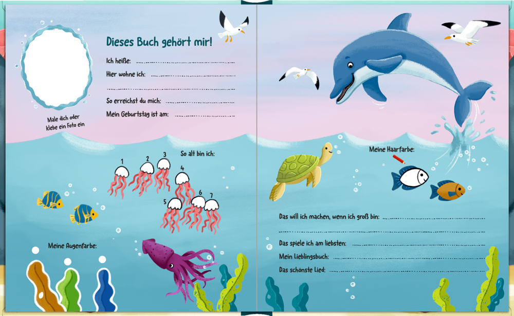 Bunte Unterwasserszene mit verschiedenen Meerestieren, Text und Lückentextaufgaben für Kinder.