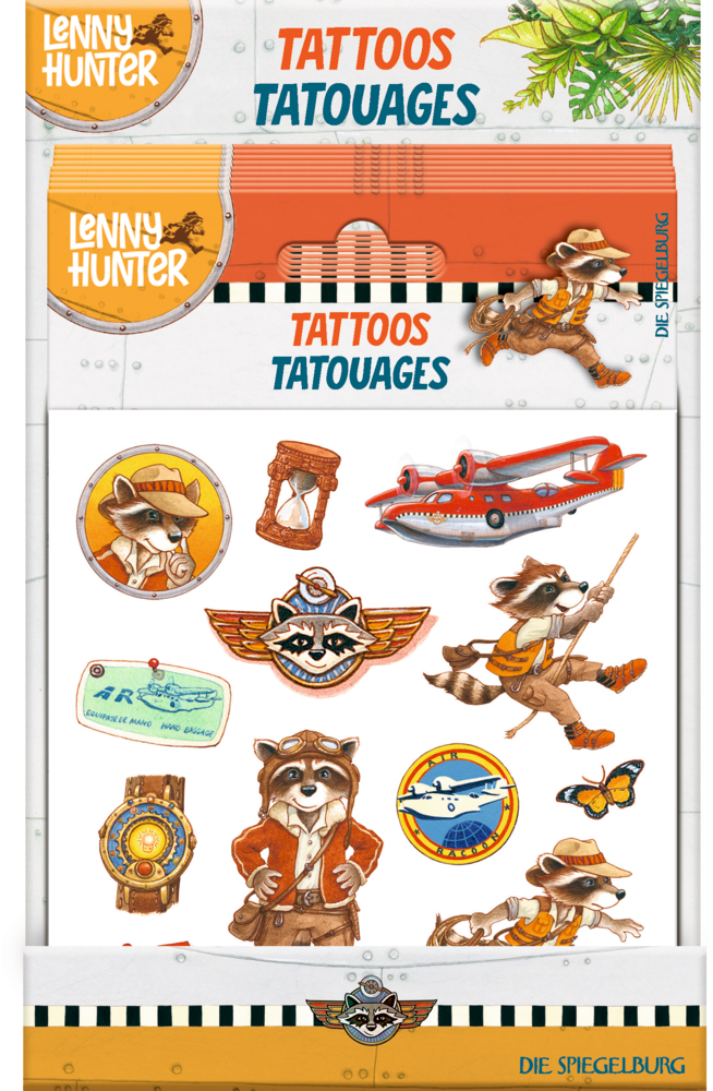 Temporäre Tattoos für Kinder mit Motiven zum Thema Waschbären, Flugzeug, Kompass, Koffer und Reiseabenteuer.