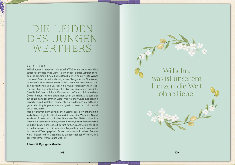 Aufgeschlagenes Buch, links befindet sich Text und rechte Seite zeigt Blumenkranz mit Goethe-Zitat, alles auf blauem Hintergrund.