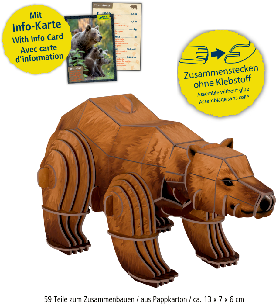 Brauner Bär als 3D-Pappmodell mit 59 Steckteile, Infokarte im Hintergrund und dem Text "Zusammenstecken ohne Klebstroff".