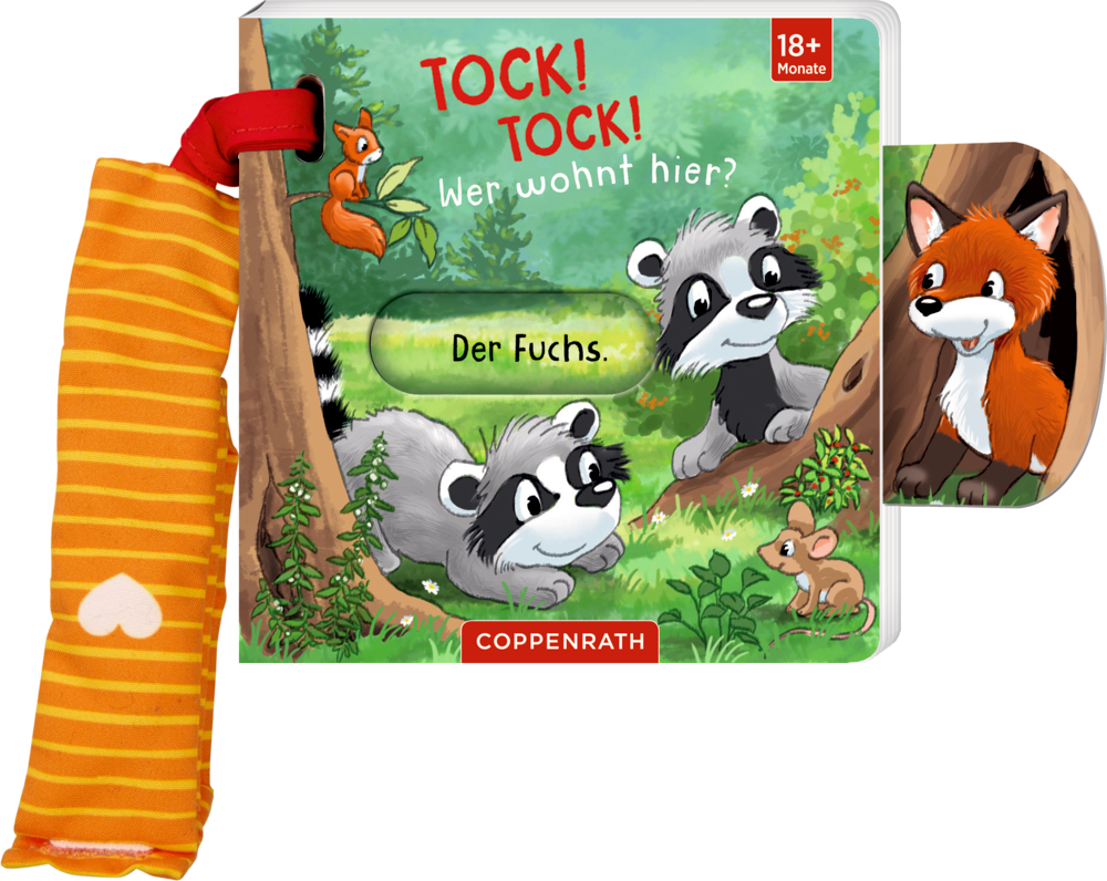 Bilderbuch an einem gelben Band mit kleinen WaschbÃ¤ren auf dem Cover und einem Fuchs auf einem herausgezogenen Schieber.