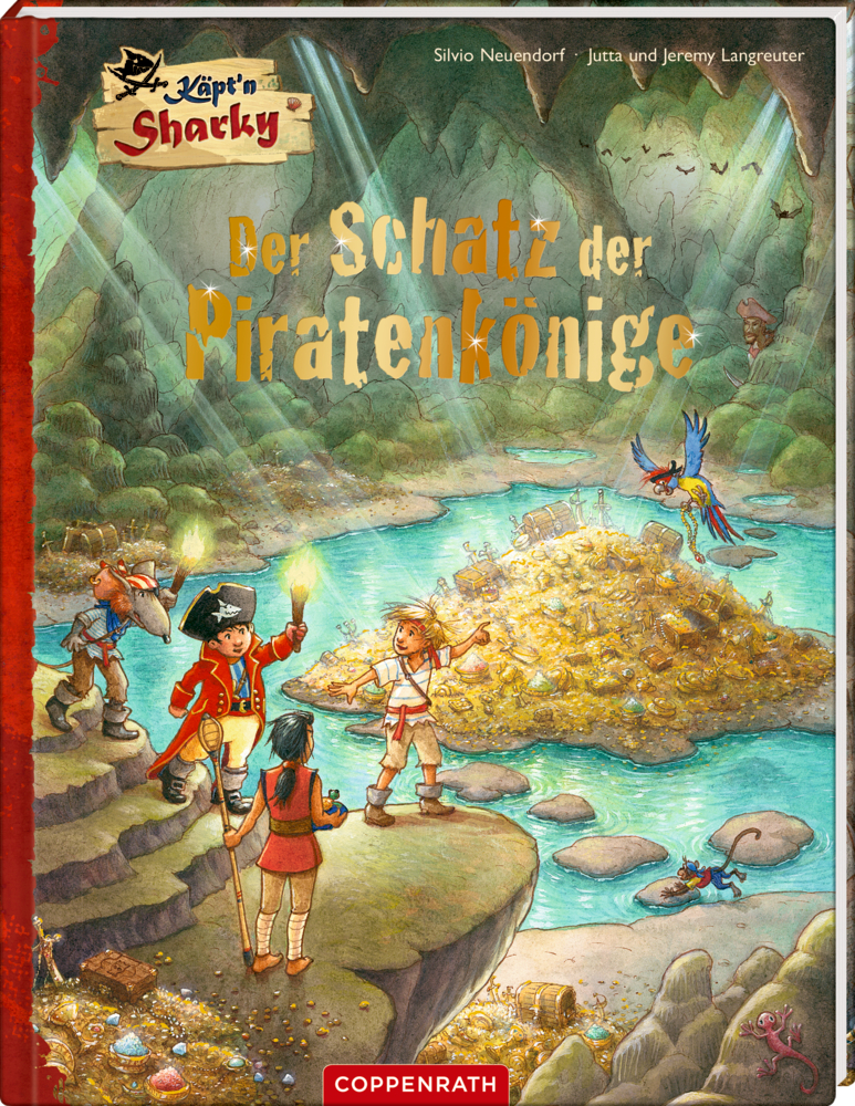 Drei Kinder und ein Papagei stehen vor einem Schatzhaufen in einer Höhle.