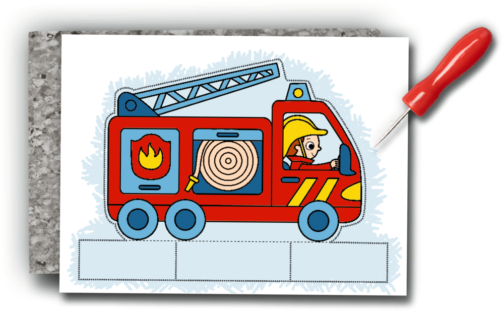 Zeichnung eines Feuerwehrautos mit Feuerwehrfahrer auf einer Karte, daneben wird ein rotes Prickel-Werkzeug angezeigt.