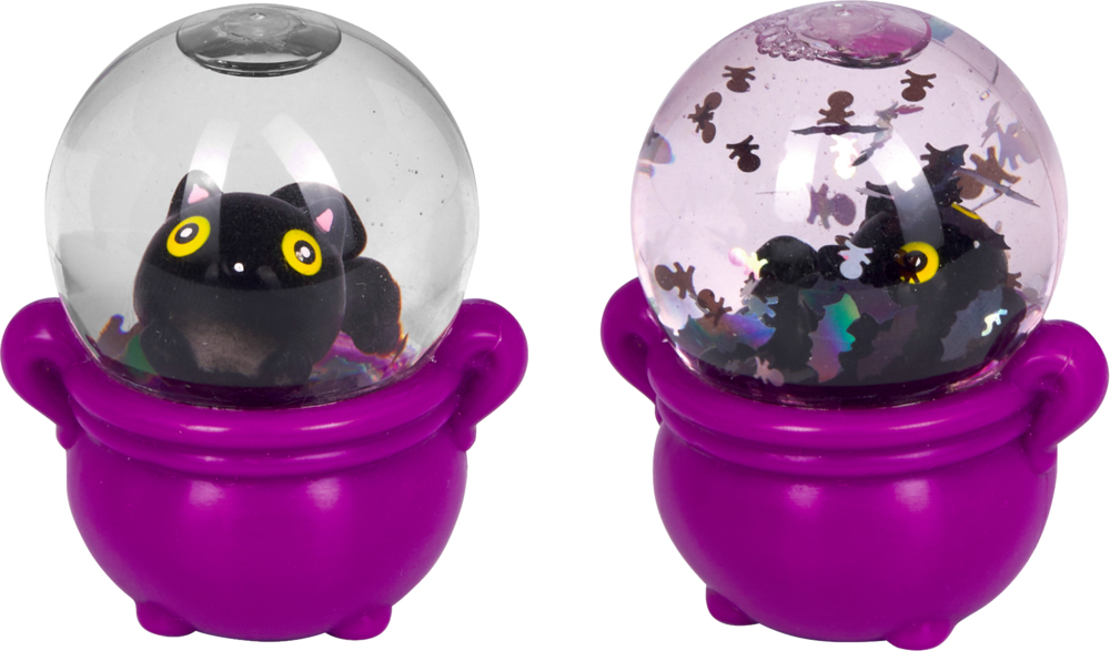 Zwei kleine Schneekugeln mit schwarzer Katze und gelben Augen in violettem Kessel, eine gefüllt mit glitzerndem Konfetti.